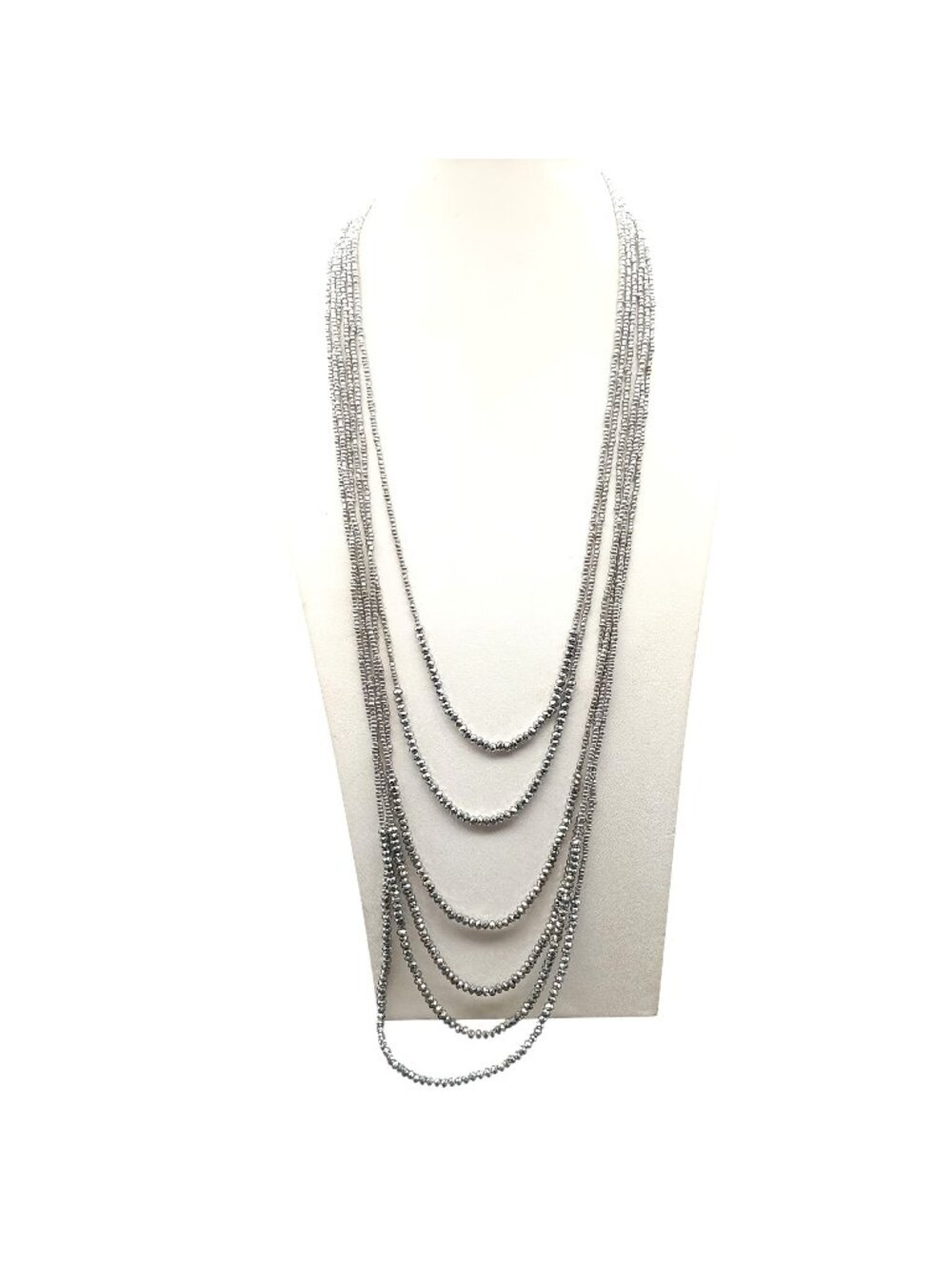 Multi-Strand Silver-Tone Seed Beaded Necklace with Faceted Layered Accents